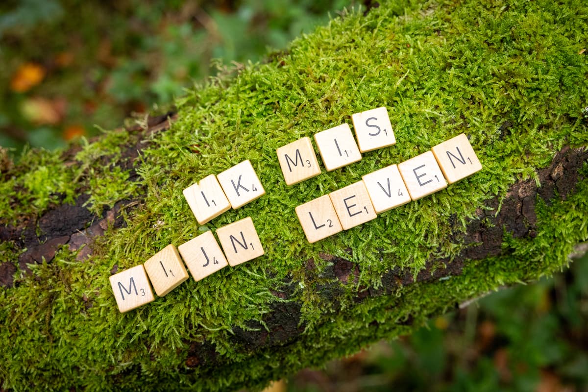 Scrabbleletters op mos vormen de woorden: Ik mis mijn leven