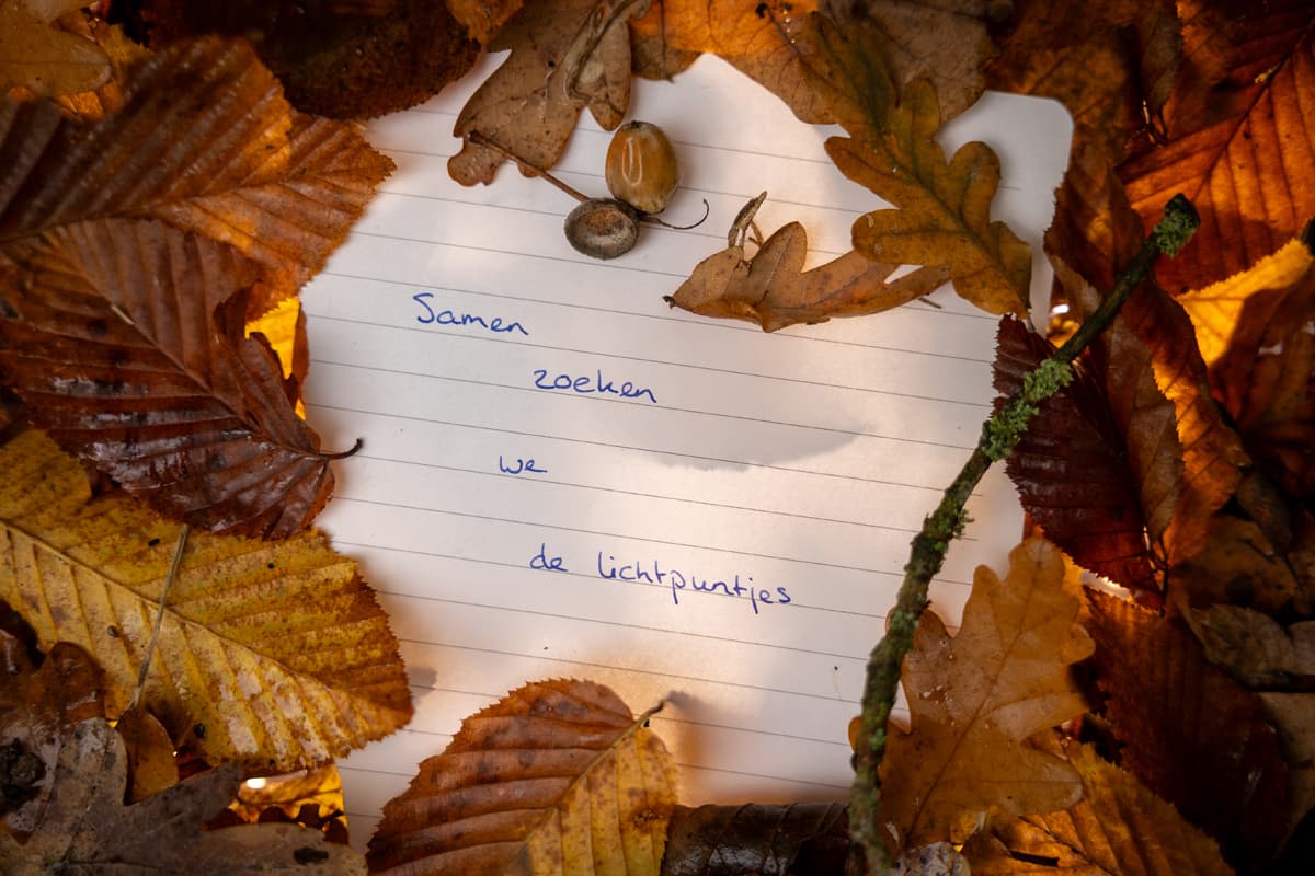 Een notitieblok tussen herfstbladeren met de tekst: Samen zoeken we de lichtpuntjes